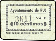 Rus (Jaén). Ayuntamiento. 10 céntimos. (KG. 655 var) (RGH. 4614). Cartón. Raro. BC+.