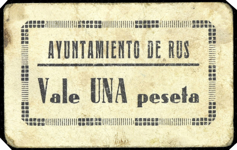 Rus (Jaén). Ayuntamiento. 1 peseta. (KG. 655) (RGH. falta). Cartón. Tampón del C...