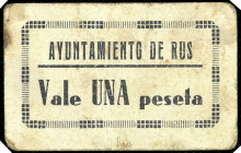 Rus (Jaén). Ayuntamiento. 1 peseta. (KG. 655) (RGH. falta). Cartón. Tampón del Consejo Municipal. Muy raro. BC+/MBC.