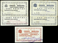Santiago de la Espada (Jaén). Consejo Municipal. 50 céntimos, 1 (dos) y 2 pesetas (dos). (KG. falta) (RGH. 4754 a 4756). 5 billetes, todos con firma e...