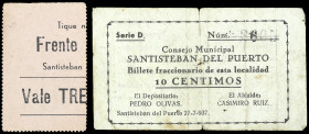 Santisteban del Puerto (Jaén). Consejo Municipal. 10 céntimos (dos). (KG. 689 y falta) (RGH. 4757 y 4762). Un billete y un cartón, éste con sello en s...