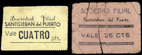 Santisteban del Puerto (Jaén). Sociedad Filial de "La Emancipadora" U.G.T. 25 céntimos y 4 pesetas. (KG. 689A) (RGH. 4763 y 4764 ambos sin imagen ni p...