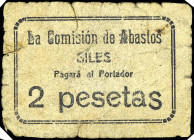 Siles (Jaén). Comisión de Abastos. 2 pesetas. (Inédito). Rarísimo. BC-.
