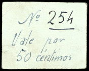 Daganzo (Madrid). Cooperativa Popular. 50 céntimos. (KG. 312) (RGH. 2174, sin imagen). Cartón manuscrito. Nº 254. Rarísimo. MBC+.
