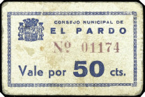 El Pardo (Madrid). Consejo Municipal. 50 céntimos. (KG. 563) (RGH. 4052). Cartón. Muy raro. MBC.