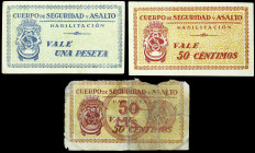 Madrid. Cuerpo de Seguridad y Asalto. 50 céntimos (dos) y 1 peseta. (KG. falta) (RGH. 5891, 5982 y falta). 3 billetes distintos. Raros. MC/EBC.