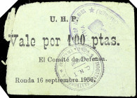 Ronda (Málaga). Comité de Defensa U.H.P. 1 peseta. (KG. 650c) (RGH. 4566 sin imagen). Roto. Muy raro. BC-.