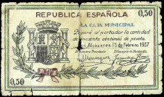 Los Alcázares (Murcia). La Caja Municipal. 50 céntimos. (CCT. 22) (KG. 50) (RGH. 323). Roturas. Raro. RC.
