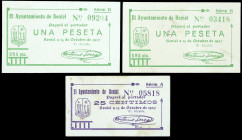Beniel (Murcia). Ayuntamiento. 25 céntimos y 1 peseta (dos). (CCT. 49 y 50) (KG. 163b) (RGH. 1099 y 1100). 3 billetes, una serie completa. Escasos así...