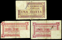 Bullas (Murcia). Ayuntamiento. 50 céntimos (dos) y 1 peseta. (CCT. 57, 57 var y 58) (KG. 195) (RGH. 1313, 1313 var y 1314). 3 billetes. Raros. BC-/BC+...
