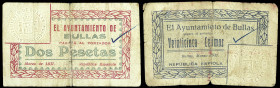 Bullas (Murcia). Ayuntamiento. 25 céntimos y 2 pesetas. (CCT. 56 y 59) (KG. 195) (RGH. 1312 y 1315). 2 billetes, uno roto y cosido en la época. El de ...