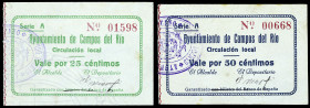Campos del Río (Murcia). Ayuntamiento. 25 y 50 céntimos. (CCT. 76 y 77) (KG. 226) (RGH. 1505 y 1507). 2 billetes. Muy raros y más así. EBC/EBC+.