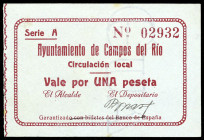Campos del Río (Murcia). Ayuntamiento. 1 peseta. (CCT. 78) (KG. 226) (RGH. 1507). Muy raro y más así. EBC.