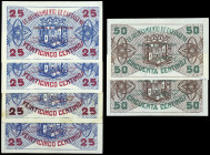 Cartagena (Murcia). Ayuntamiento. 25 (cuatro) y 50 céntimos (dos). (CCT. 102, 102 var (dos) y 103) (KG. 249) (RGH. 1684 y 1685). 6 billetes, 2 parejas...