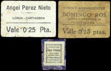 Cartagena (Murcia). 5 y 25 céntimos (dos). (KG. 249a, 249b y falta) (RGH. 1699, 1700 sin imagen y falta). Domingo Ros, Vinos y Aguardientes (25 céntim...