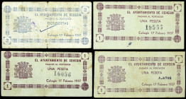 Cehegín (Murcia). Ayuntamiento. 1 (tres) y 2 pesetas. (CCT. 106, 106 var (dos) y 107) (KG. 275) (RGH. 1878, 1878 var y 1879). 4 billetes, el de 2 pese...