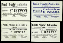 Cieza (Murcia). Frente Popular Antifascista. 1 (dos) y 5 pesetas (dos). (CCT. 114, 114a, 115 y 116) (KG. 279d) (RGH. 1967, 1968 y 1968 var). 4 billete...