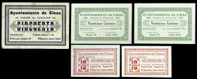 Cieza (Murcia). Ayuntamiento. 10 (dos), 25 (dos) y 50 céntimos. (CCT. 117, 117 var, 118 y 120) (KG. 279c) (RGH. 1964, 1964 var, 1965 y 1966). 5 billet...