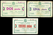 Fortuna (Murcia). Ayuntamiento. 25 céntimos, 1 y 2 pesetas. (CCT. 124, 126 y 127) (KG. 361 y falta) (RGH. 2493, 2495 y 2496). 3 billetes. Raros. BC/MB...