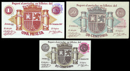 Jumilla (Murcia). Consejo Municipal. 25, 50 céntimos y 1 peseta. (CCT. 128 a 130) (KG. 435) (RGH. 3070 a 3072). 3 billetes, todos los de la localidad....