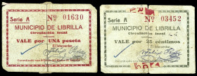 Librilla (Murcia). Municipio. 25 céntimos y 1 peseta. (CCT. 131 y 132) (KG. 448) (RGH. 3145 y 3146). 2 billetes, serie completa. Rotos y pegados en la...