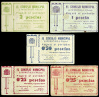 Moratalla (Murcia). Consejo Municipal. 25 (dos), 50 céntimos, 1 y 2 pesetas. (CCT. 163, 163 var y 164 a 166) (KG. 513) (RGH. 3709, 3709 var y 3710 a 3...