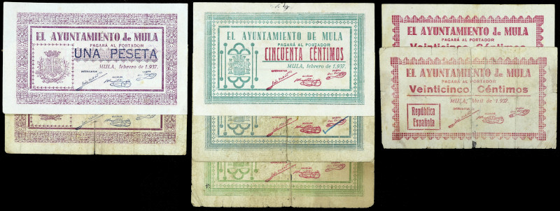 Mula (Murcia). Ayuntamiento. 25 (dos), 50 céntimos (tres) y 1 peseta (dos). (CCT...