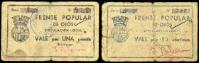 Ojós (Murcia). Frente Popular. 50 céntimos y 1 peseta. (CCT. 238 y 239) (KG. 544a) (RGH. 3888 y 3889). 2 billetes. Muy raros. BC-/BC.