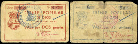 Ojós (Murcia). Frente Popular. 25 céntimos y 2 pesetas. (CCT. 237 y 240) (KG. 544a) (RGH. 3887 y 3890). 2 billetes. Muy raros. BC-/MBC-.
