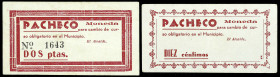 Pacheco (Torre) (Murcia). Ayuntamiento. 10 céntimos, 1 y 2 pesetas. (CCT. 276a, 278 var y 279 var) (KG. 559a) (RGH. 4015, 4017 y 4018). 3 billetes, un...