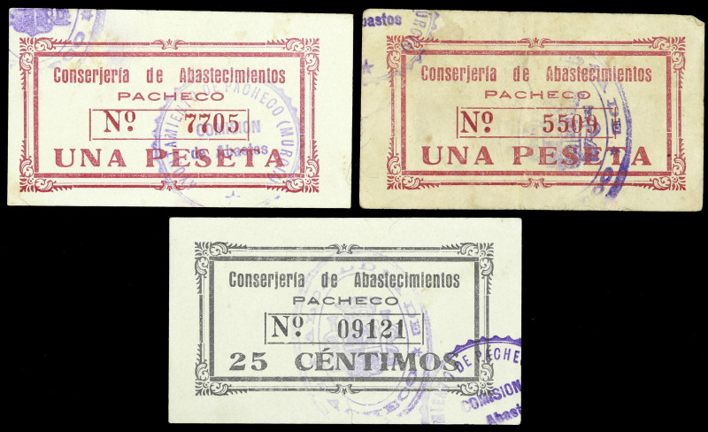 Pacheco (Torre) (Murcia). Conserjería de Abastecimiento. 25 céntimos y 1 peseta ...