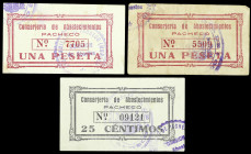 Pacheco (Torre) (Murcia). Conserjería de Abastecimiento. 25 céntimos y 1 peseta (dos). (CCT. 280b y 281) (KG. 559) (RGH. 4019 y 4020). 3 billetes, una...