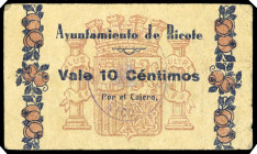 Ricote (Murcia). Ayuntamiento. 10 céntimos. (CCT. 262) (KG. 641) (RGH. 4517). Valor en cifras. Raros. BC+/MBC-.