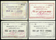 Ulea (Murcia). Municipio. 50 céntimos (dos), 1 y 2 pesetas. (CCT. 293, 295, 295 var y 296) (KG. 753) (RGH. 5209, 5211, 5211a y 5212). 4 billetes. Raro...