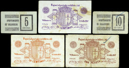 Villanueva del Río Segura (Murcia). Ayuntamiento. 5, 10, 25, 50 céntimos y 1 peseta. (CCT. 307 a 311) (KG. 801 y 801a) (RGH. 5593 a 5597). 3 billetes ...