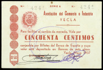 Yecla (Murcia). Asociación de Comercio e Industria. 50 céntimos. (CCT. 314) (KG. 833a) (RGH. 5803). Rarísimo. EBC-.