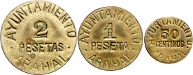Arahal (Sevilla). Ayuntamiento. 50 céntimos, 1 y 2 pesetas. (AC. 40 a 42) (RGH. 731 a 733). 3 monedas, serie completa. Raras. EBC-/EBC.