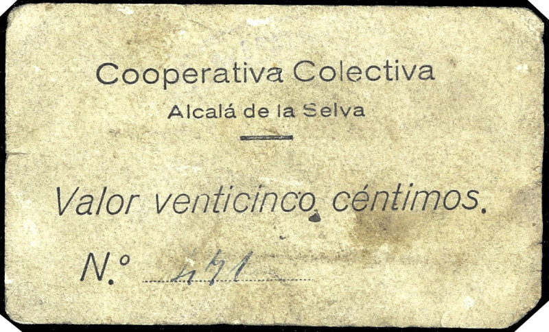 Alcalá de la Selva (Teruel). Cooperativa Colectiva. 25 céntimos. (KG. 43) (RGH. ...