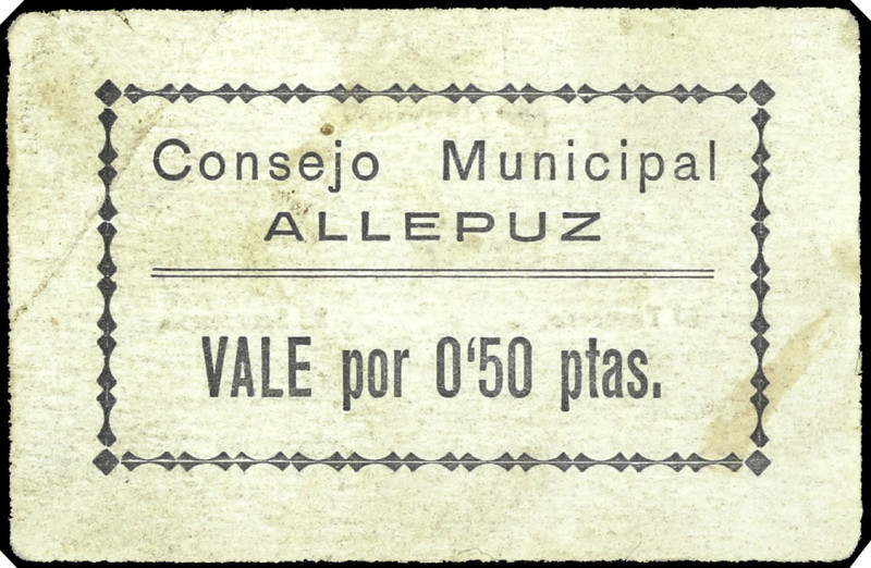 Allepuz (Teruel). Consejo Municipal. 50 céntimos. (KG. 79) (RGH. 516). Cartón. M...