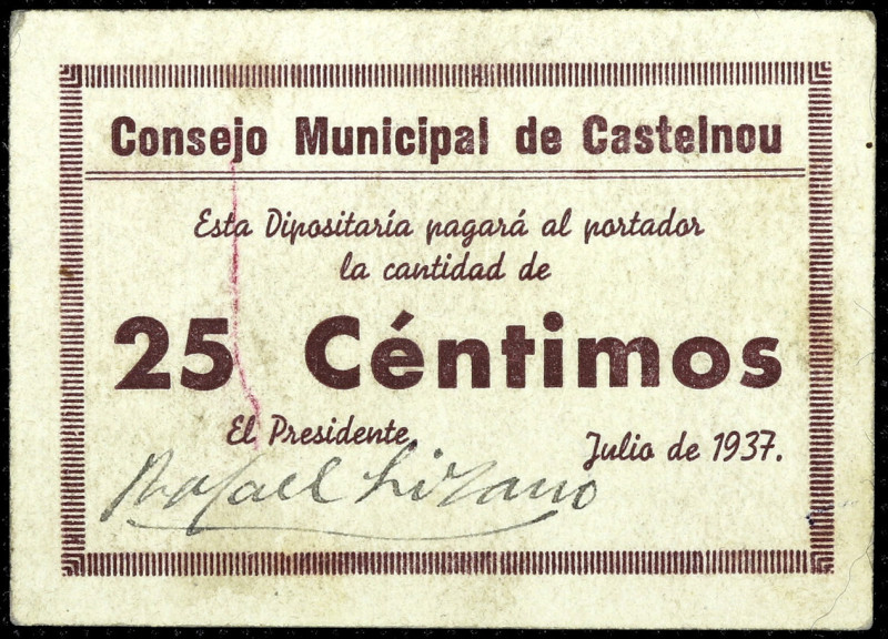 Castelnou (Teruel). Consejo Municipal. 25 céntimos. (KG. 259) (RGH. 1795). Cartó...