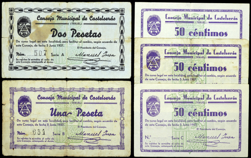 Castelserás (Teruel). Consejo Municipal. 50 céntimos (tres), 1 y 2 pesetas. (T. ...