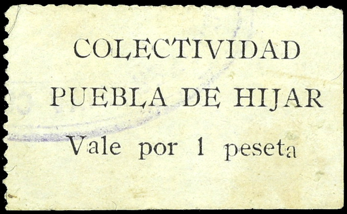 Puebla de Híjar (Teruel). Colectividad. 1 peseta. (Inédito). Muy raro. EBC-.