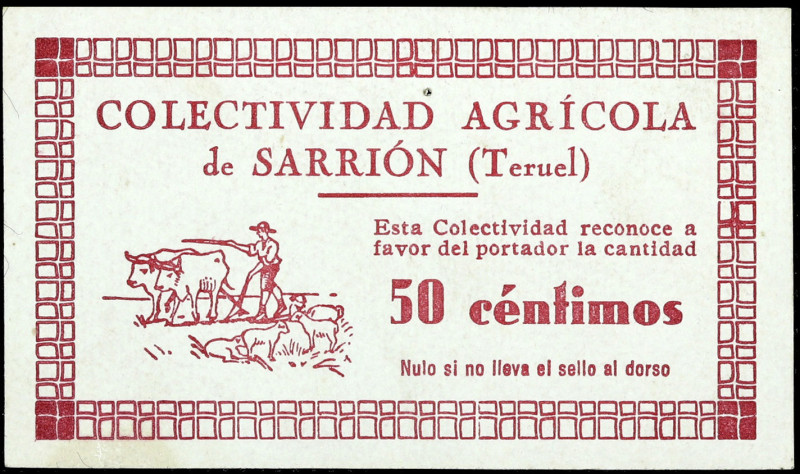 Sarrión (Teruel). Colectividad Agrícola. 50 céntimos. (KG. 691a) (RGH. 4787, sin...