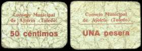 Ajofrín (Toledo). Consejo Municipal. 50 céntimos y 1 peseta. (KG. 18) (RGH. 108 y 109). 2 cartones. Raros. BC-.