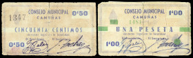 Camuñas (Toledo). Consejo Municipal. 50 céntimos y 1 peseta. (KG. 228) (RGH. 1516 y 1517, sin imagen). 2 billetes, serie completa. Raros. BC/BC+.