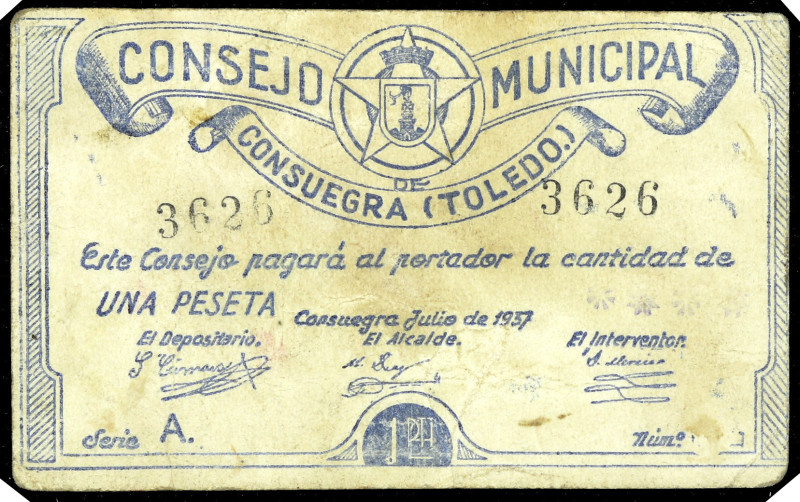 Consuegra (Toledo). Consejo Municipal. 1 peseta. (KG. 287) (RGH. 2033, sin image...