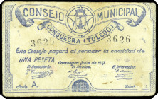 Consuegra (Toledo). Consejo Municipal. 1 peseta. (KG. 287) (RGH. 2033, sin imagen). Escaso. MBC-.