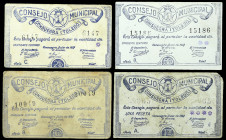 Consuegra (Toledo). Consejo Municipal. 25, 50 céntimos (dos) y 1 peseta. (KG. 287) (RGH. 2031, 2032 y 2033, sin imagen). 4 billetes, una serie complet...