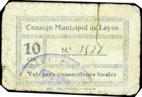 Layos (Toledo). Consejo Municipal. 10 céntimos. (KG. 444) (RGH. 3119). Cartón. Raro. BC.