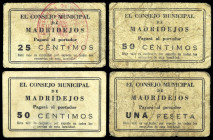 Madridejos (Toledo). Consejo Municipal. 25, 50 céntimos (dos) y 1 peseta. (KG. 466) (RGH. 3306, 3307, 3307 var y 3308). 4 cartones, una serie completa...